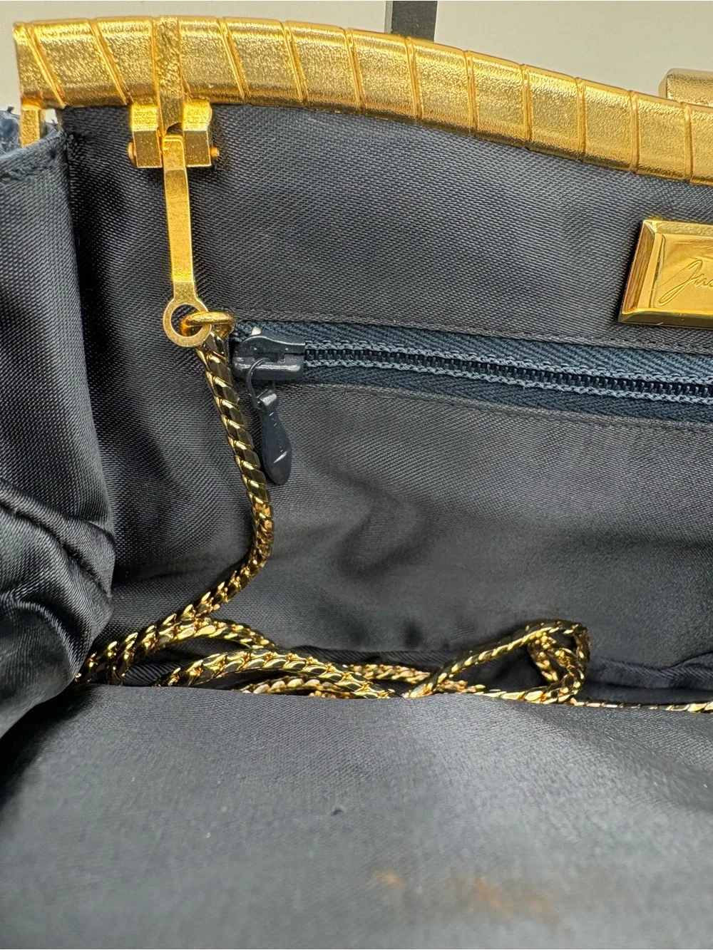 Vtg JUDITH LEIBER Snakeskin Leather Clutch Bag Small Navy Gold Multi Stones RARE